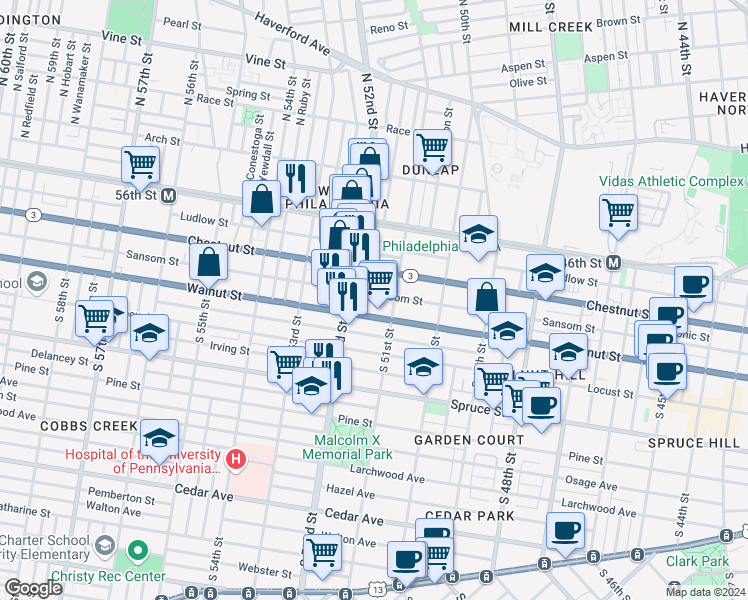 map of restaurants, bars, coffee shops, grocery stores, and more near 5151 Walnut Street in Philadelphia