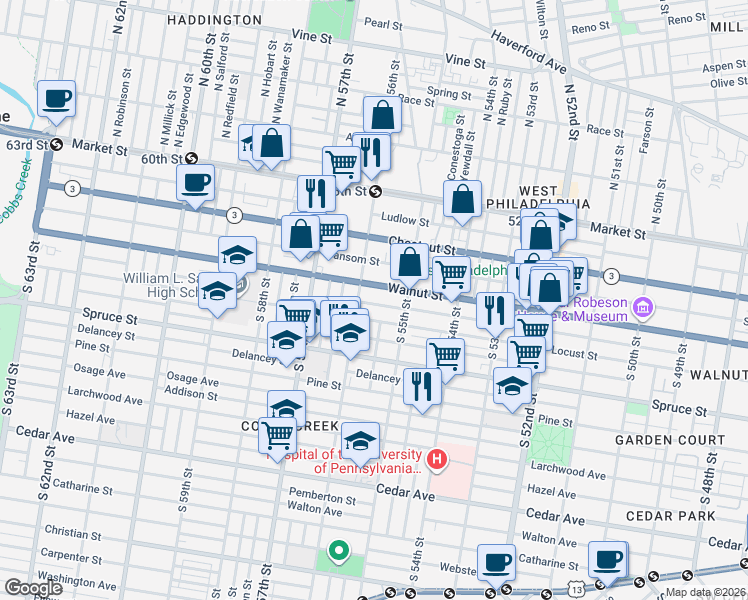 map of restaurants, bars, coffee shops, grocery stores, and more near 5526 Chancellor Street in Philadelphia