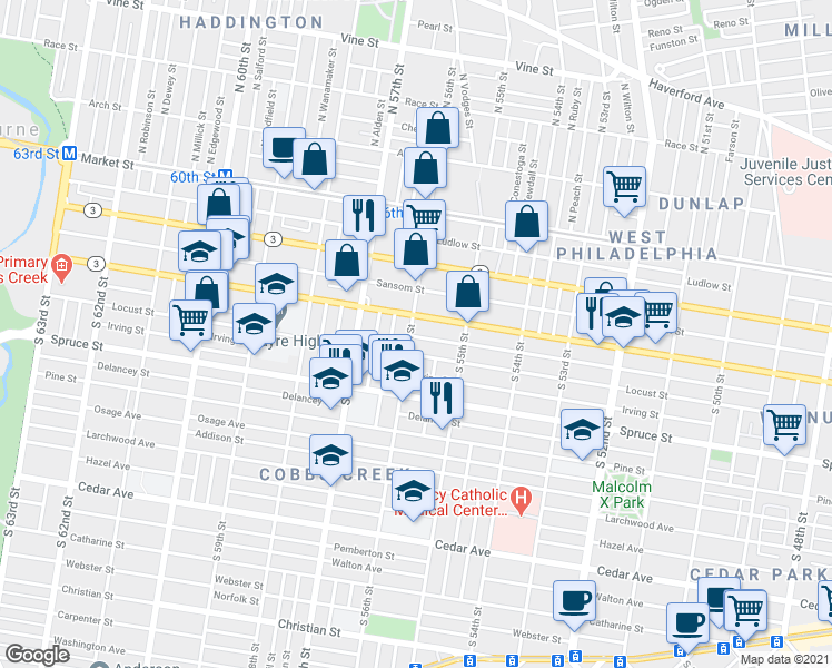 map of restaurants, bars, coffee shops, grocery stores, and more near 244 South 56th Street in Philadelphia