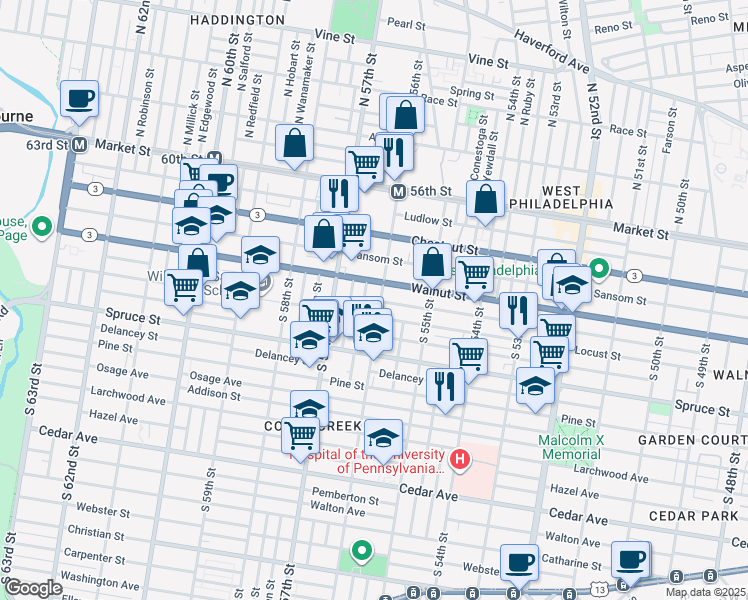 map of restaurants, bars, coffee shops, grocery stores, and more near 244 South 56th Street in Philadelphia