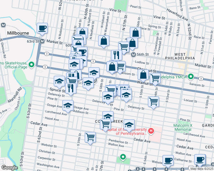 map of restaurants, bars, coffee shops, grocery stores, and more near 247 South Cecil Street in Philadelphia
