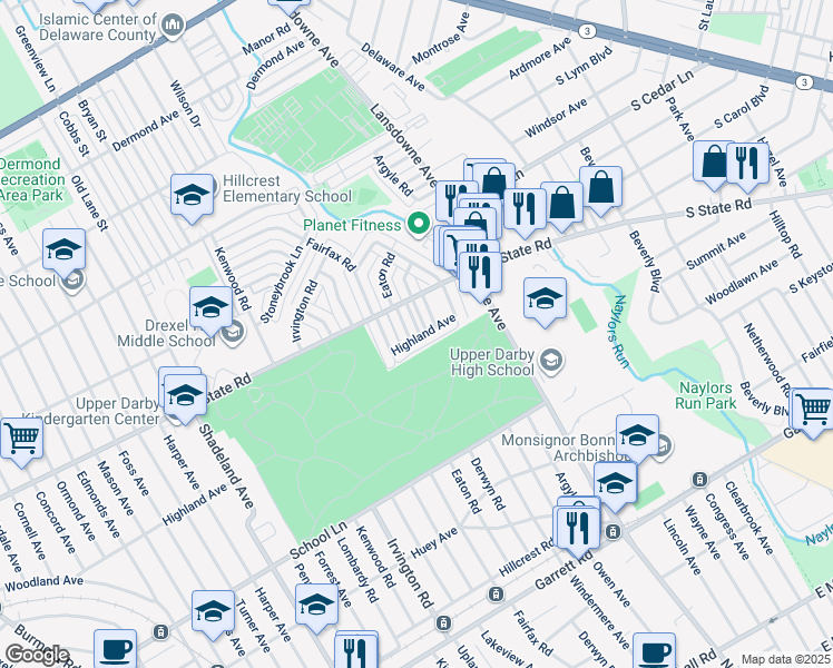 map of restaurants, bars, coffee shops, grocery stores, and more near 715 Eaton Road in Drexel Hill