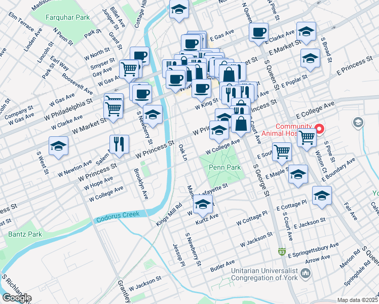 map of restaurants, bars, coffee shops, grocery stores, and more near 30 West College Avenue in York