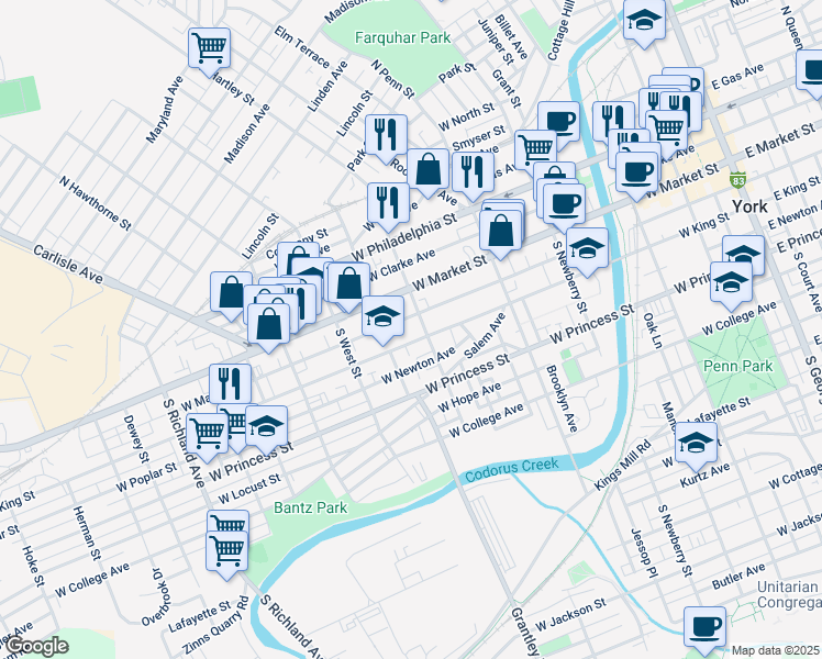 map of restaurants, bars, coffee shops, grocery stores, and more near 514 West King Street in York