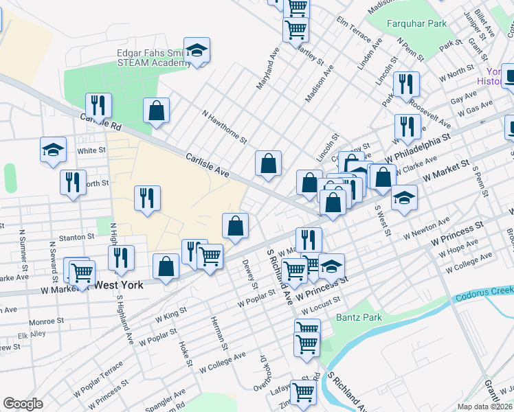map of restaurants, bars, coffee shops, grocery stores, and more near 945 Linden Avenue in York