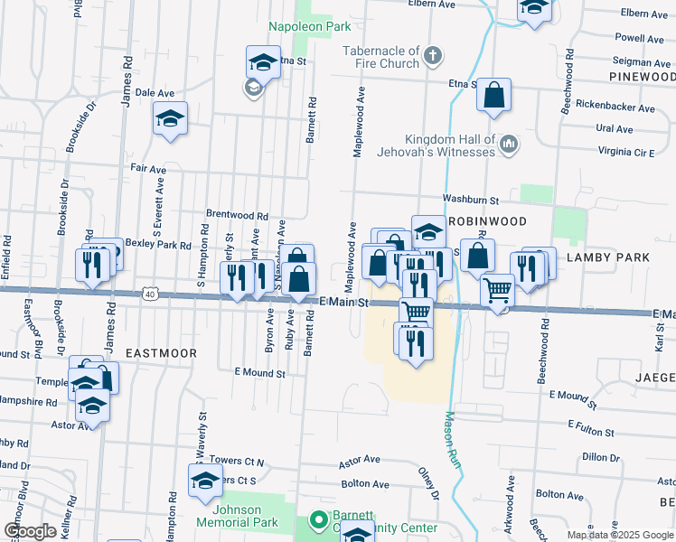 map of restaurants, bars, coffee shops, grocery stores, and more near 3552 East Main Street in Columbus