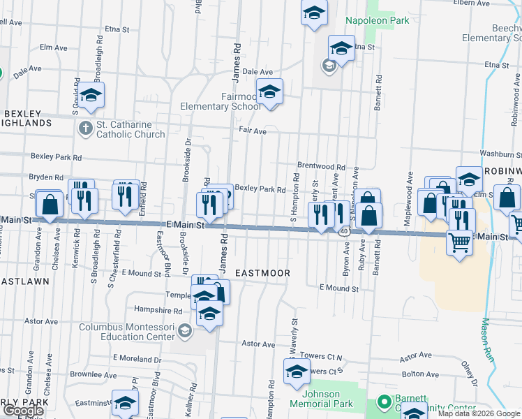 map of restaurants, bars, coffee shops, grocery stores, and more near 3210 East Main Street in Columbus