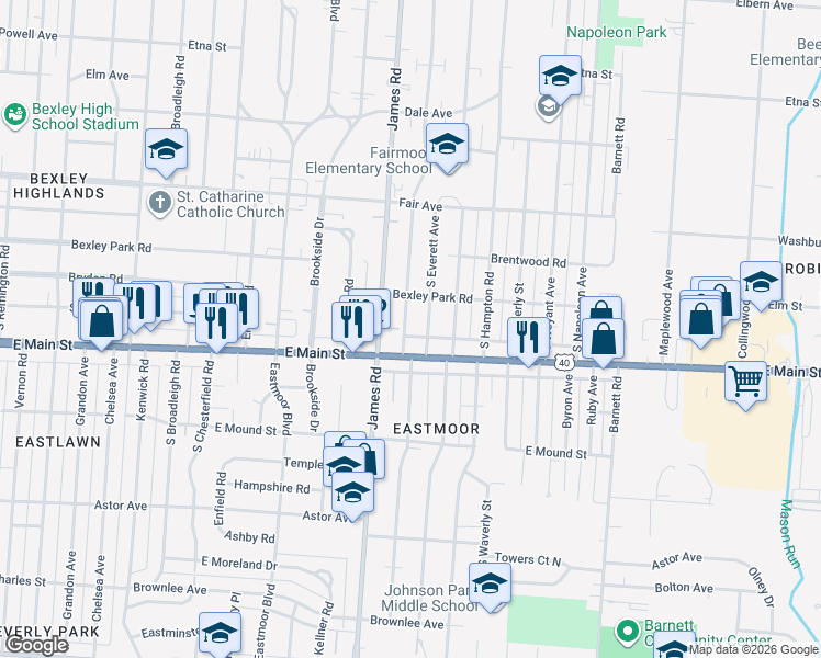 map of restaurants, bars, coffee shops, grocery stores, and more near 693 South Ashburton Road in Columbus
