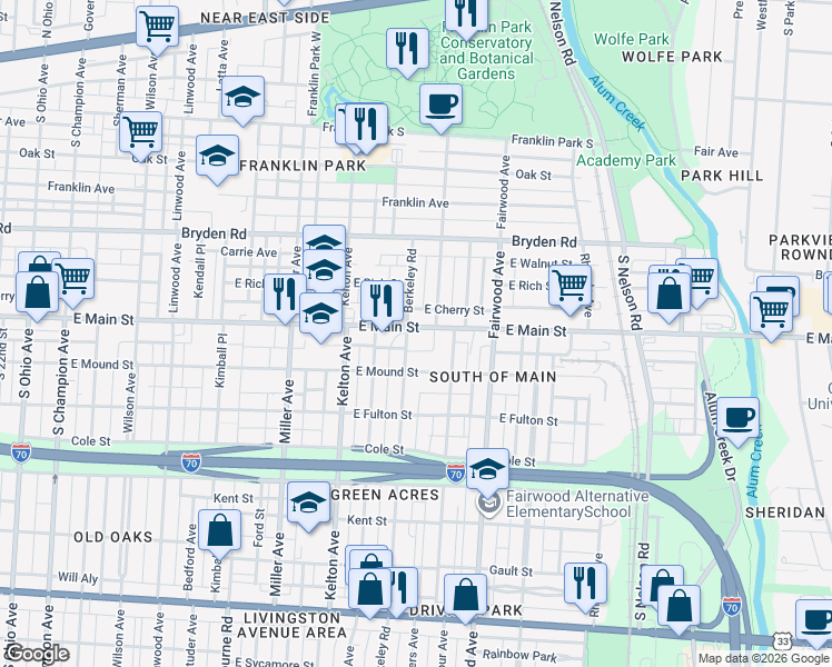 map of restaurants, bars, coffee shops, grocery stores, and more near 484 Berkeley Road in Columbus