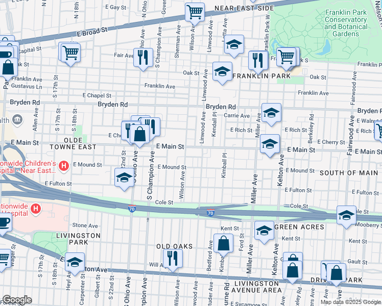 map of restaurants, bars, coffee shops, grocery stores, and more near in Columbus