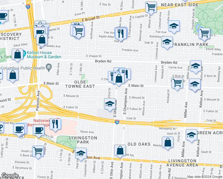 map of restaurants, bars, coffee shops, grocery stores, and more near 403 South Ohio Avenue in Columbus
