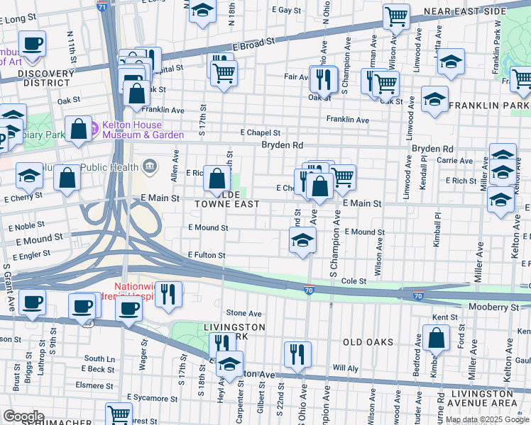 map of restaurants, bars, coffee shops, grocery stores, and more near 943 McAllister Avenue in Columbus