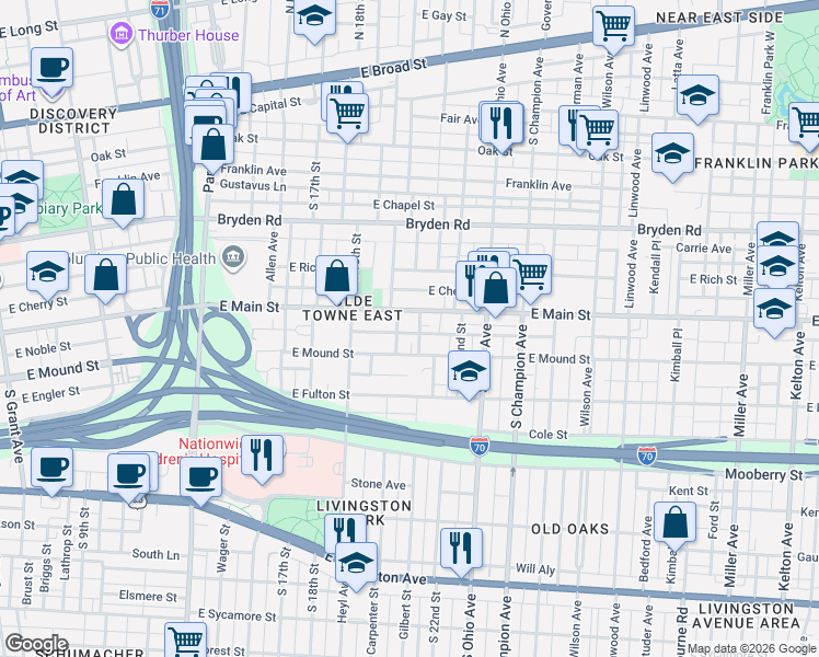map of restaurants, bars, coffee shops, grocery stores, and more near 943 McAllister Avenue in Columbus