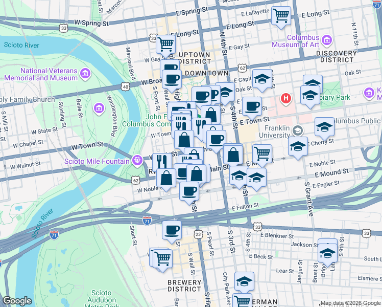 map of restaurants, bars, coffee shops, grocery stores, and more near 250 South High Street in Columbus