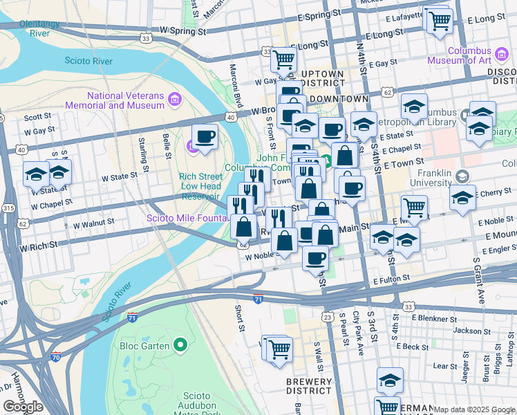 map of restaurants, bars, coffee shops, grocery stores, and more near in Columbus