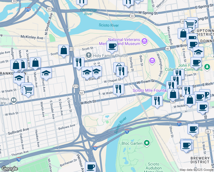 map of restaurants, bars, coffee shops, grocery stores, and more near 541 Ohio 3 in Columbus