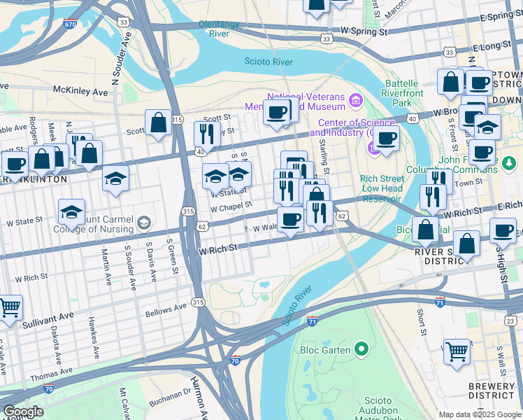 map of restaurants, bars, coffee shops, grocery stores, and more near 541 Ohio 3 in Columbus