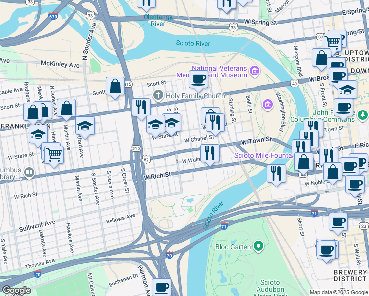 map of restaurants, bars, coffee shops, grocery stores, and more near 541 Ohio 3 in Columbus