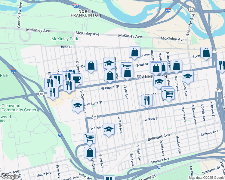 map of restaurants, bars, coffee shops, grocery stores, and more near 60 North Princeton Avenue in Columbus