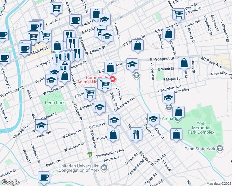 map of restaurants, bars, coffee shops, grocery stores, and more near 253 East Maple Street in York