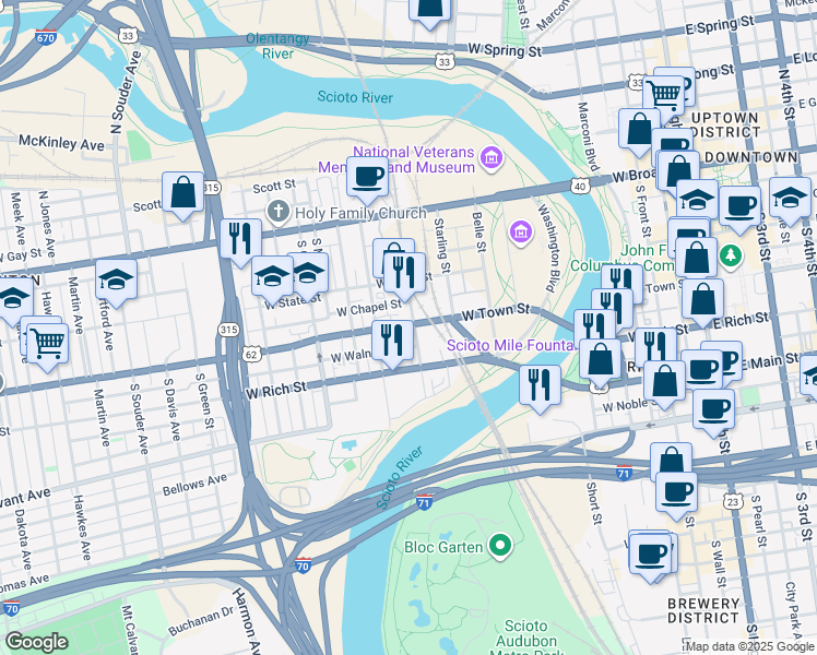 map of restaurants, bars, coffee shops, grocery stores, and more near 425 West Town Street in Columbus