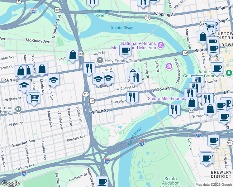 map of restaurants, bars, coffee shops, grocery stores, and more near 530 West Town Street in Columbus