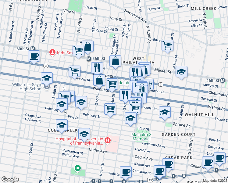 map of restaurants, bars, coffee shops, grocery stores, and more near Walnut St & S 54th St in Philadelphia