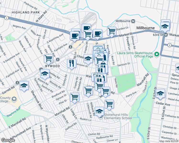 map of restaurants, bars, coffee shops, grocery stores, and more near 150 South 69th Street in Delaware County
