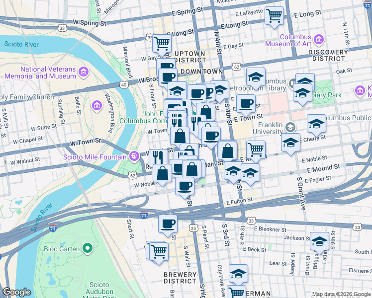 map of restaurants, bars, coffee shops, grocery stores, and more near 250 South High Street in Columbus