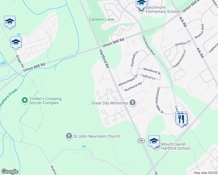 map of restaurants, bars, coffee shops, grocery stores, and more near 115A Arden Court in Mount Laurel Township