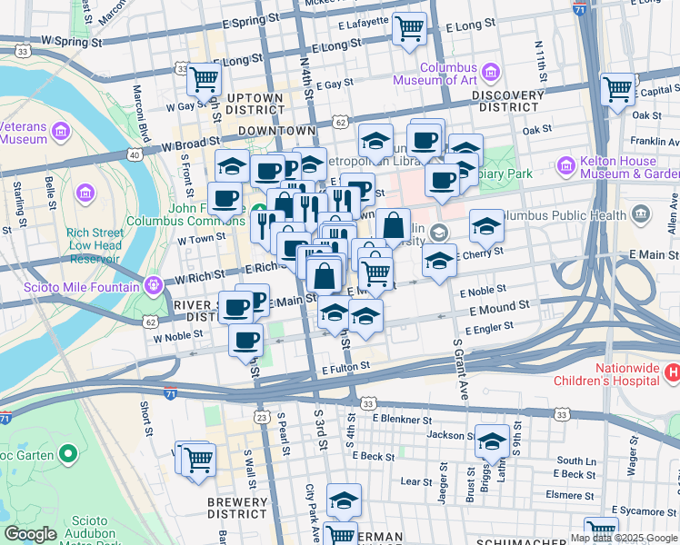 map of restaurants, bars, coffee shops, grocery stores, and more near 254 U.S. 33 in Columbus