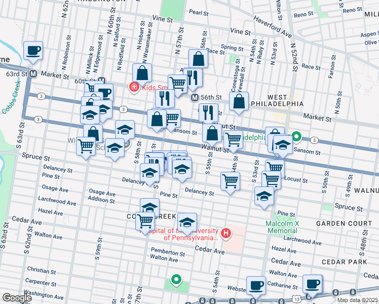 map of restaurants, bars, coffee shops, grocery stores, and more near 5557 Chancellor Street in Philadelphia