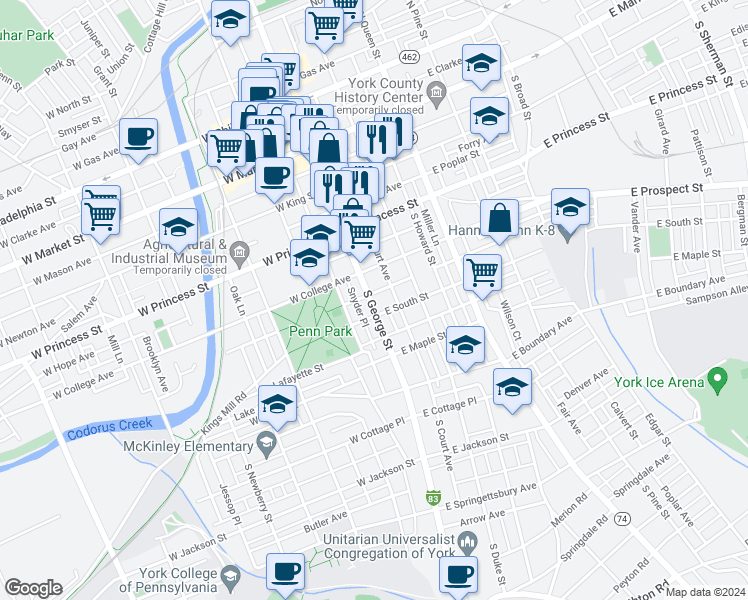 map of restaurants, bars, coffee shops, grocery stores, and more near 337 Interstate 83 Business in York