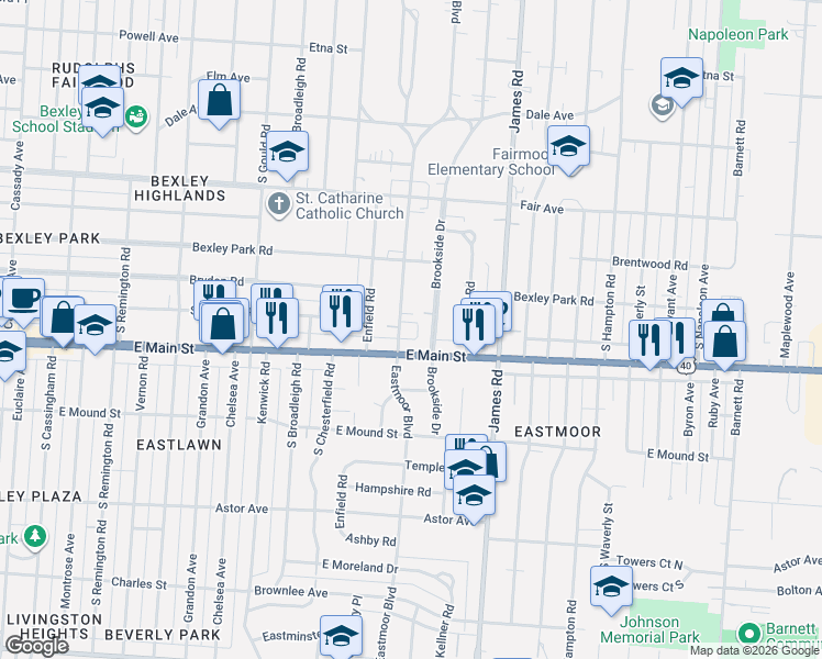 map of restaurants, bars, coffee shops, grocery stores, and more near 2994 East Main Street in Columbus