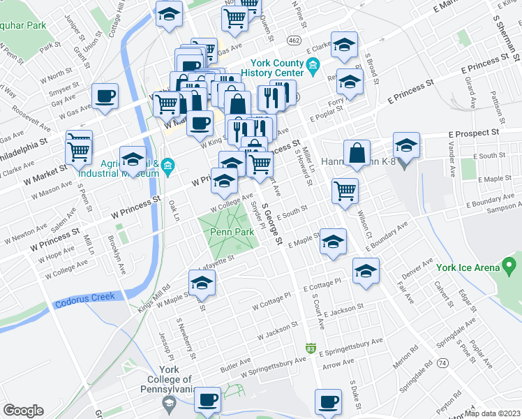 map of restaurants, bars, coffee shops, grocery stores, and more near 330 South George Street in York