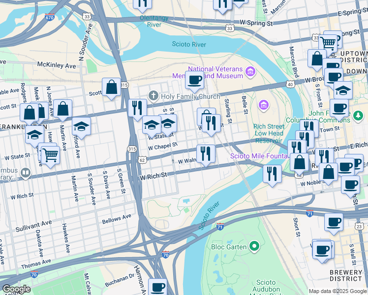 map of restaurants, bars, coffee shops, grocery stores, and more near 541 Ohio 3 in Columbus