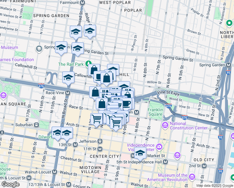 map of restaurants, bars, coffee shops, grocery stores, and more near 1001 Vine Street in Philadelphia