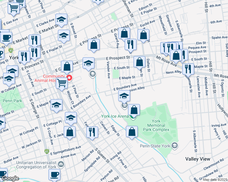 map of restaurants, bars, coffee shops, grocery stores, and more near 610 East Boundary Avenue in York