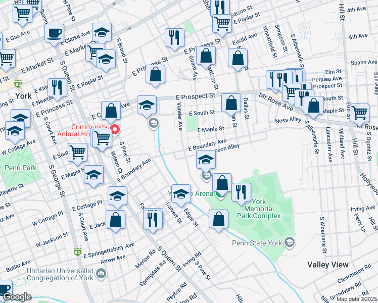 map of restaurants, bars, coffee shops, grocery stores, and more near 610 East Boundary Avenue in York