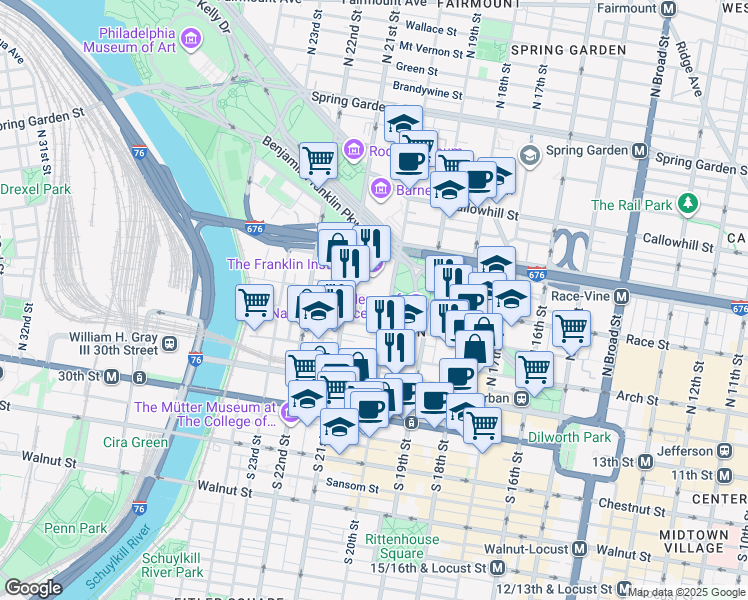 map of restaurants, bars, coffee shops, grocery stores, and more near 2016 Race Street in Philadelphia