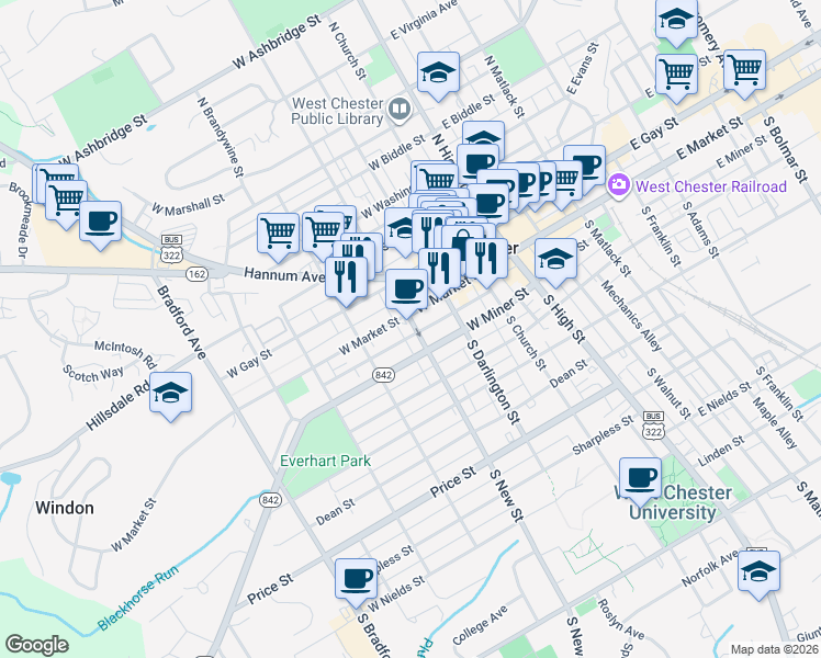 map of restaurants, bars, coffee shops, grocery stores, and more near 16 South New Street in West Chester