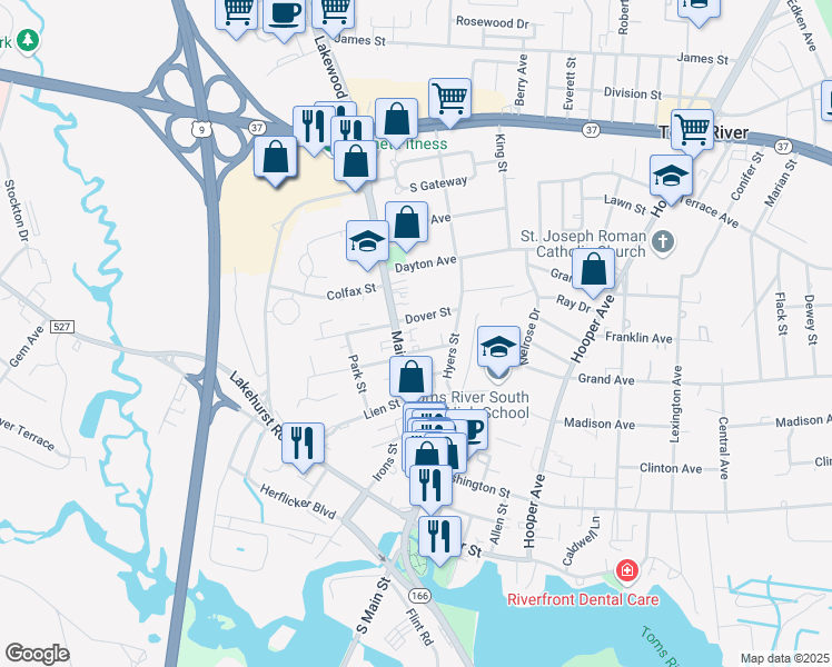 map of restaurants, bars, coffee shops, grocery stores, and more near 509 Main Street in Toms River