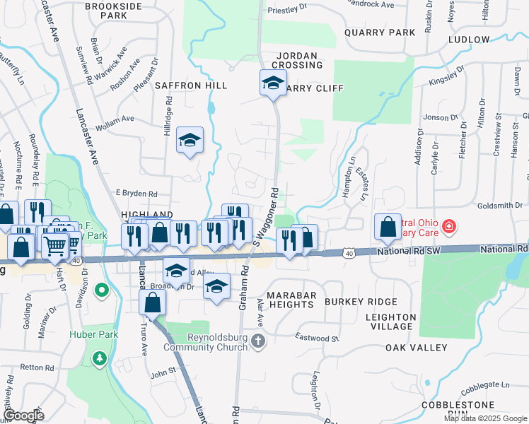 map of restaurants, bars, coffee shops, grocery stores, and more near 1345 South Waggoner Road in Reynoldsburg