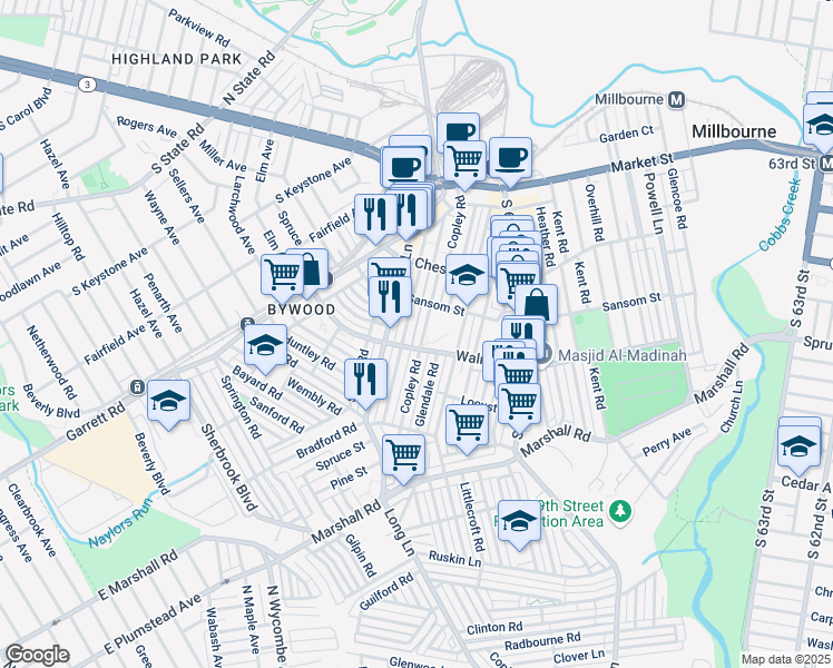map of restaurants, bars, coffee shops, grocery stores, and more near 340 Wiltshire Road in Delaware County