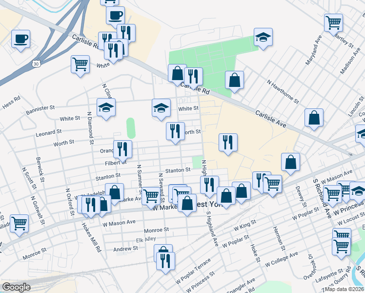 map of restaurants, bars, coffee shops, grocery stores, and more near 1437 Filbert Street in West York
