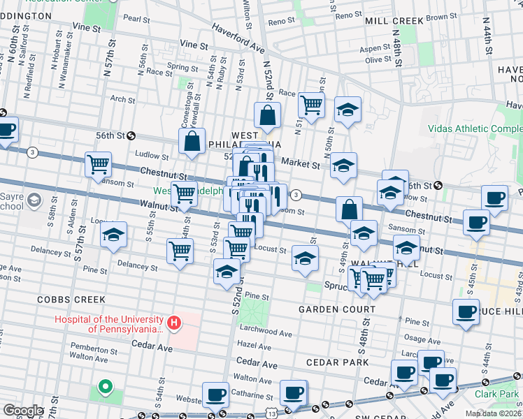 map of restaurants, bars, coffee shops, grocery stores, and more near 5151 Walnut Street in Philadelphia