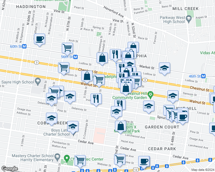 map of restaurants, bars, coffee shops, grocery stores, and more near 5321 Walnut Street in Philadelphia