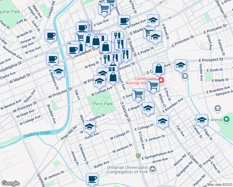 map of restaurants, bars, coffee shops, grocery stores, and more near 330 South George Street in York
