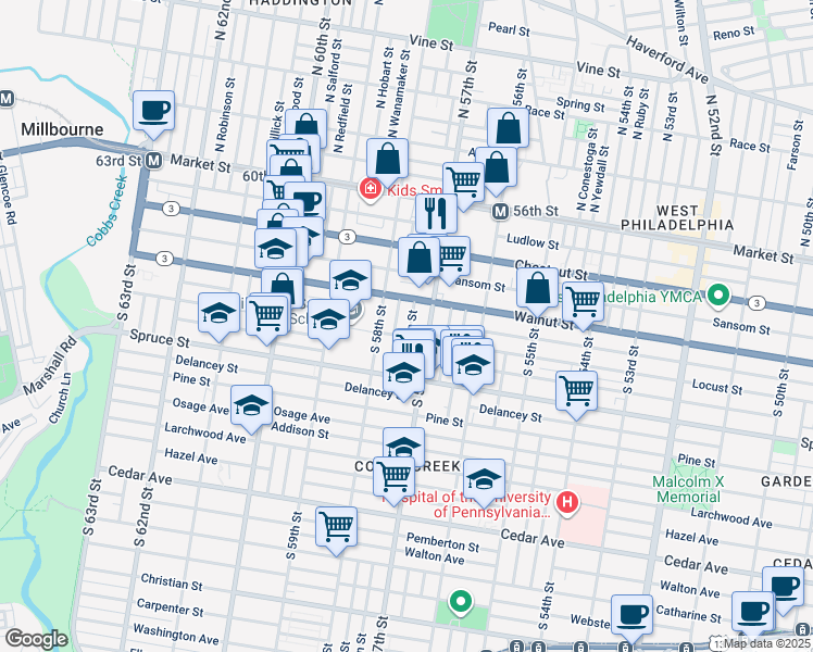 map of restaurants, bars, coffee shops, grocery stores, and more near 232 South Alden Street in Philadelphia