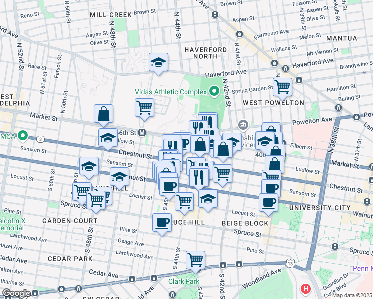 map of restaurants, bars, coffee shops, grocery stores, and more near 42 South 44th Street in Philadelphia